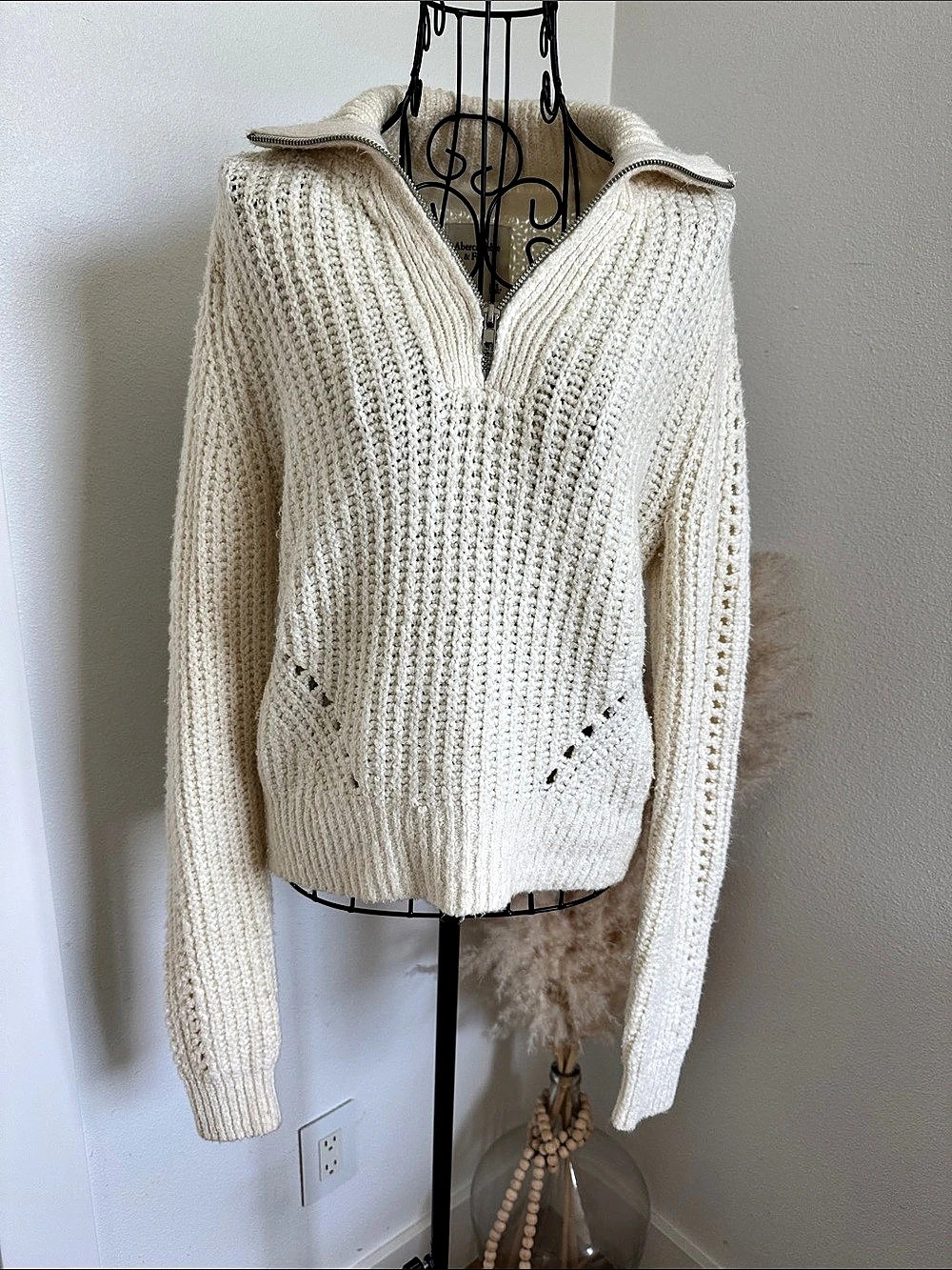 Abercrombie & Fitch Cream 1/4 Zip Wide Collar Textured Knit Sweater